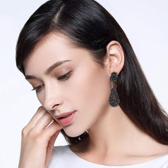 Carbon Black and Black Onyx Austrian Crystal Hollow Teardrop Chandelier Earrings - Picture 4 of 5